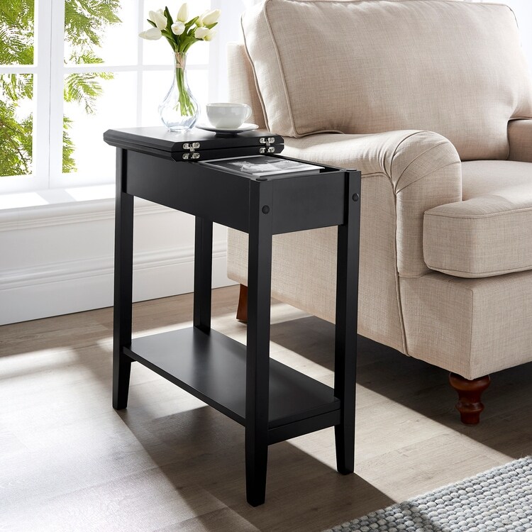 Roxy Narrow Wooden Flip Top End Table with Storage  Nesting Side Table with Storage Shelf for Small Spaces