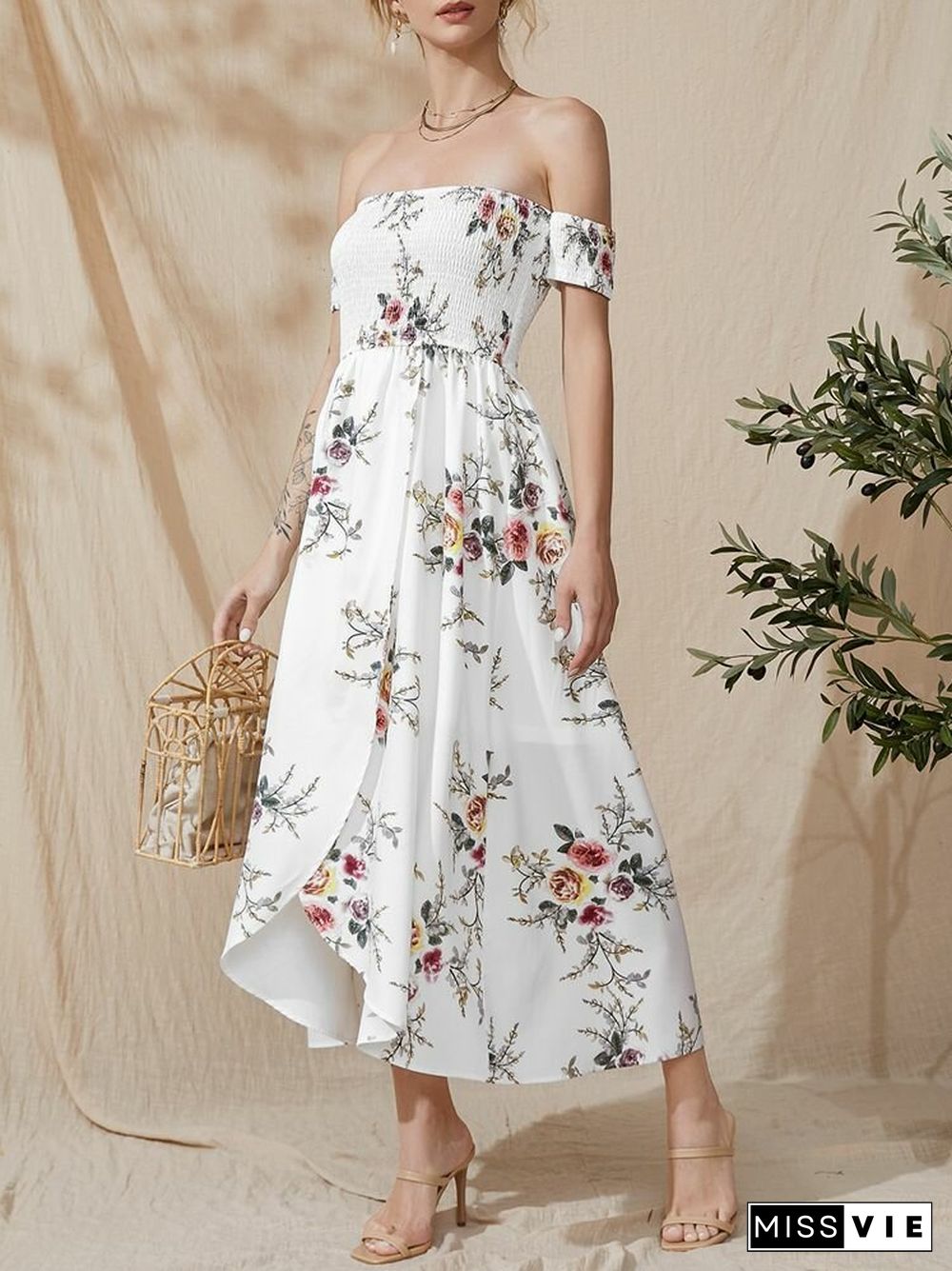 Flower Print Short Sleeve Asymmetrical Hem Maxi Dress