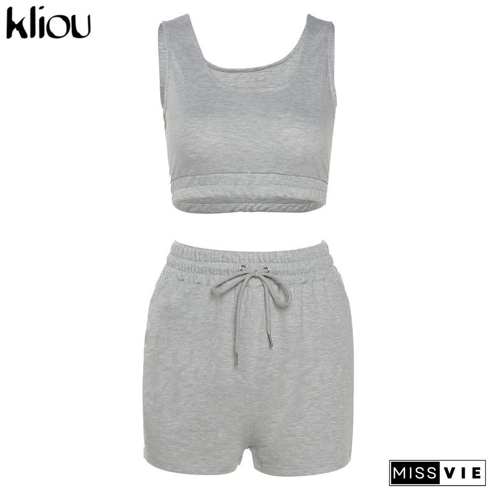 Kliou Casual Solid Sportswear Two Piece Sets Women Crop Top And Drawstring Shorts Matching Set Summer Athleisure Outfits