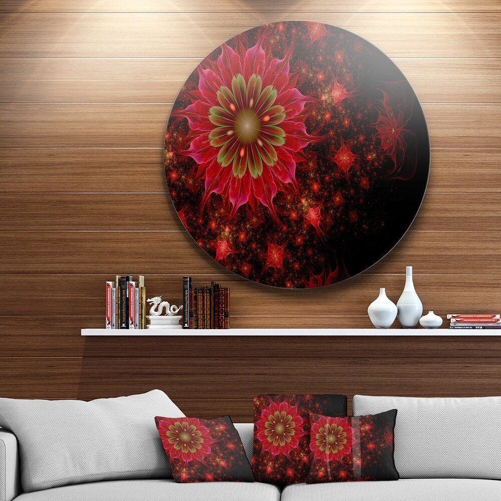 Designart 'Dark Red and Light Green Fractal Flowers' Digital Art Disc Metal Wall Art