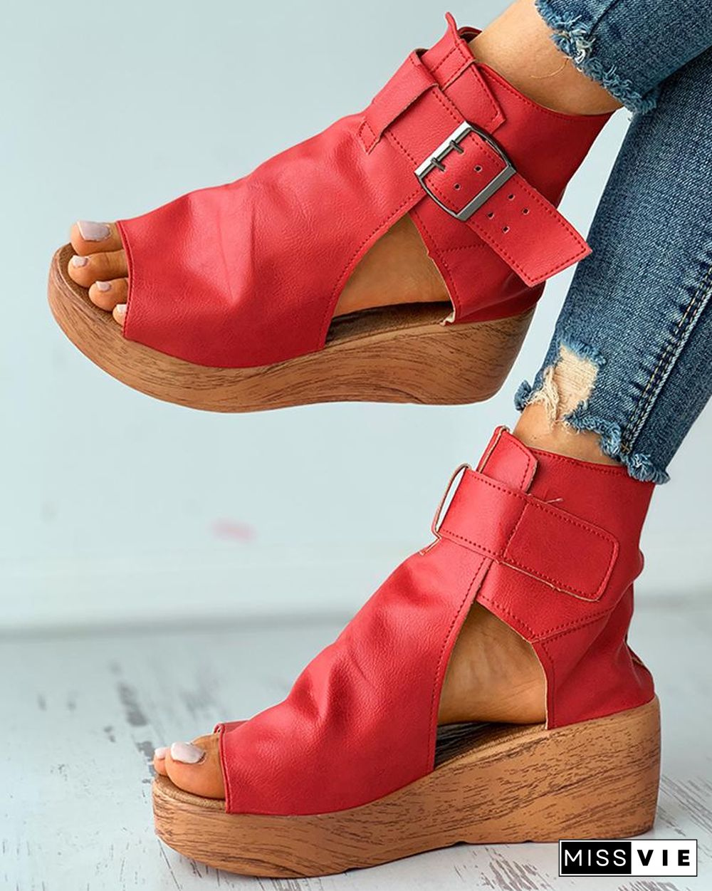 Eyelet Buckled Cutout Wedge Sandals