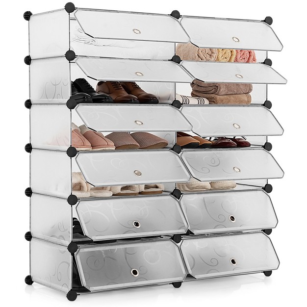 Tangkula 12 Shelves Cubic Pp Shoe Cabinet Portable Cabinet Storage Closet Organizer Black white