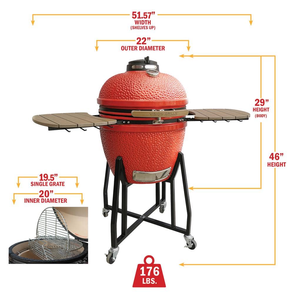 Vision Grills 22 in. Kamado HD Series Ceramic Charcoal Grill in Red with Side Shelves with Accessory Hooks, Cart and Cooking Grate B-R2C2AX-S