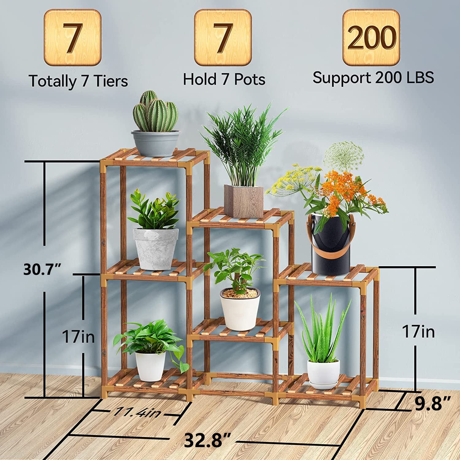 PHANCIR Plant Stand Indoor Outdoor, 7 Pots wood plant flower Shelf Tall Plant Stands for Multiple Plants Large Plant Rack Holder Garden Shelves with accessories for Garden Balcony Patio Living Room