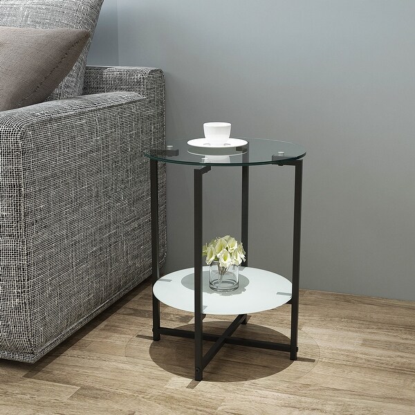 2-layer Storage Shelf Coffee Table Modern Round Side Table with Tempered Glass Tabletop End Table with Metal Frame