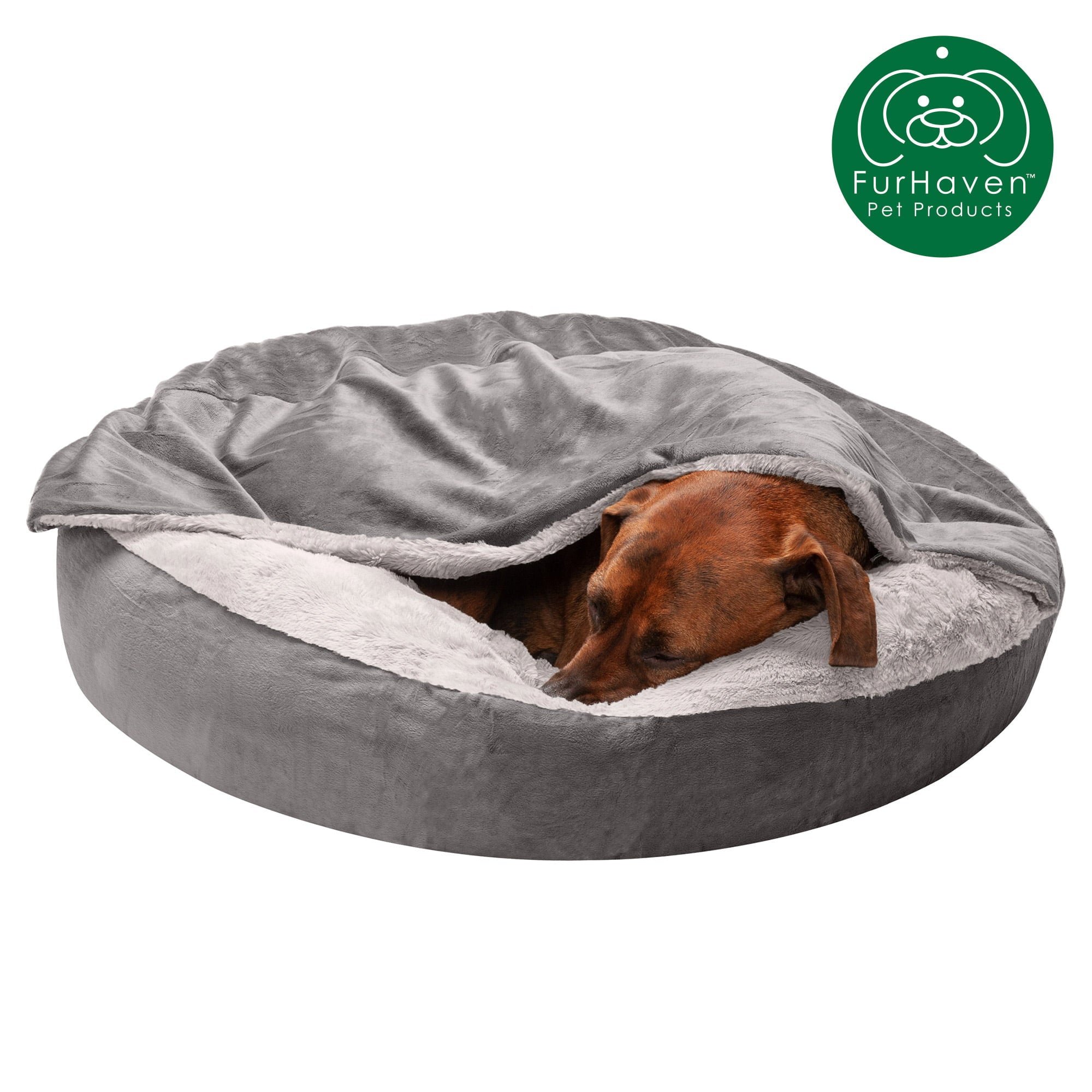 FurHaven | Wave Faux Fur & Velvet Hooded Donut Pet Bed for Dogs & Cats, Dark Gray, Medium