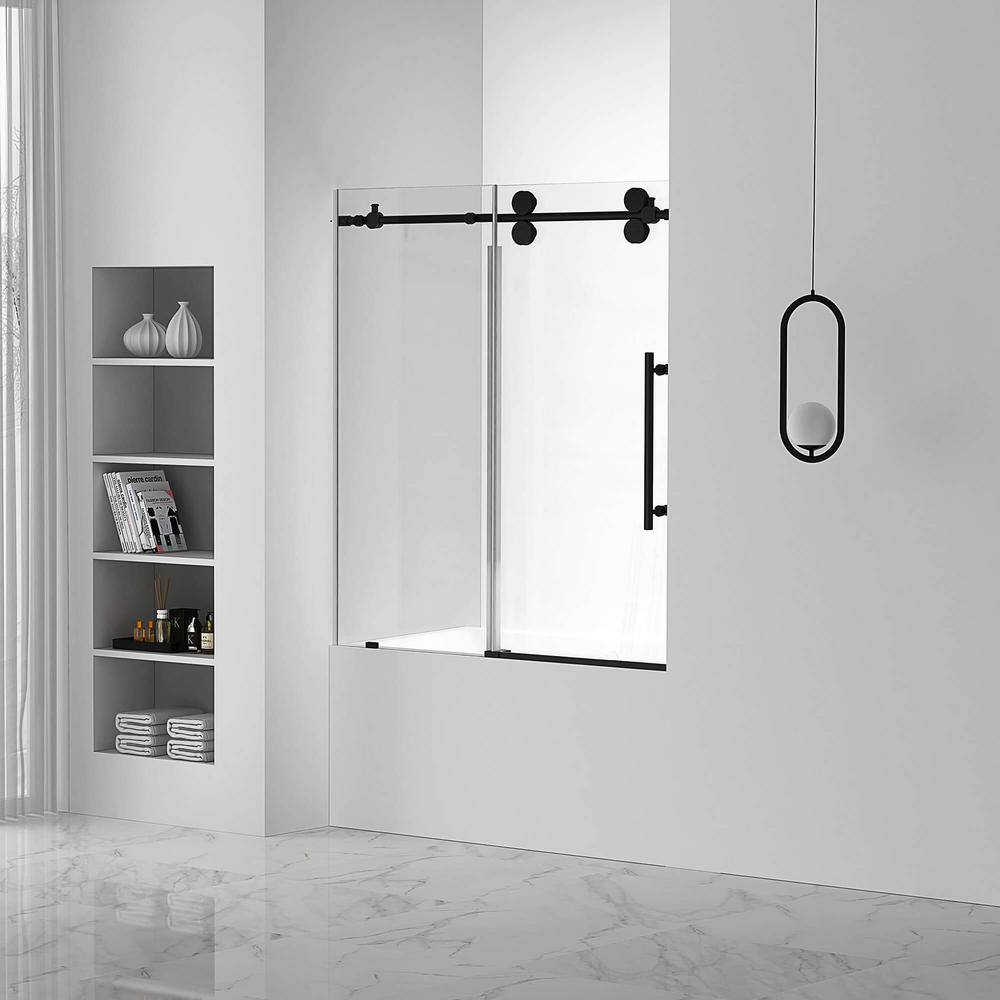 FINE FIXTURES 60 in. W x 66 in. H Sliding Tub Door Frameless in Black Finish with Tempered clear Glass TDS1-60BL