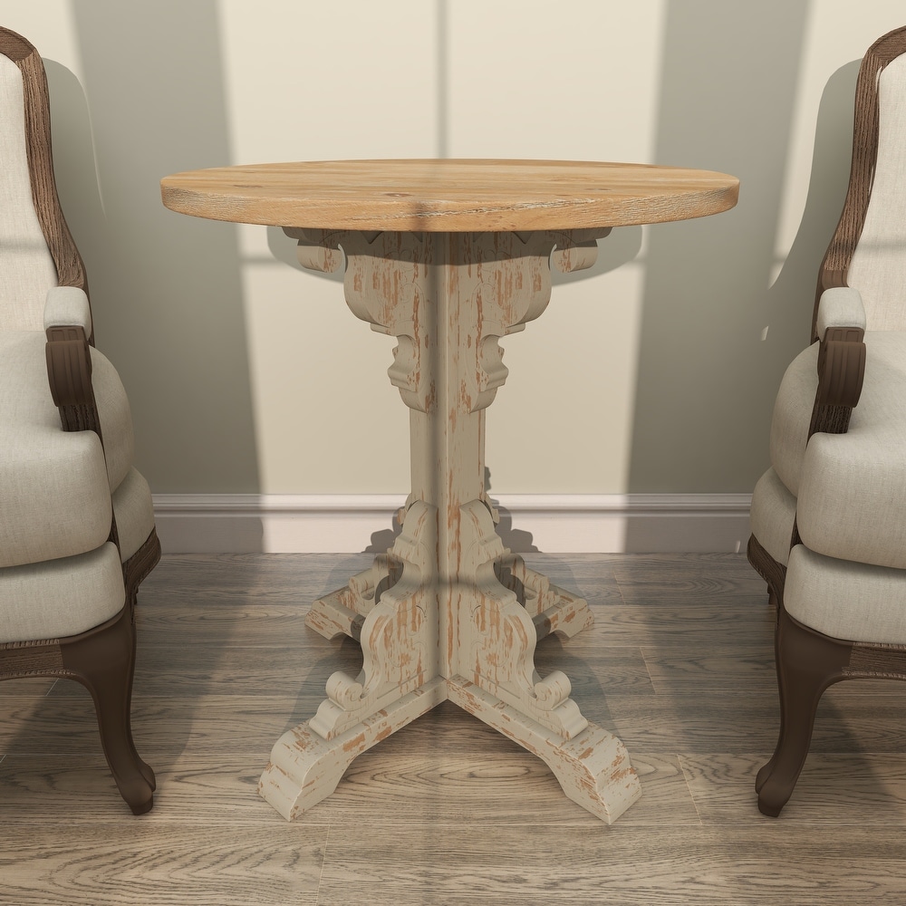 Wood Intricately Carved Scroll Accent Table with Brown Wood Top