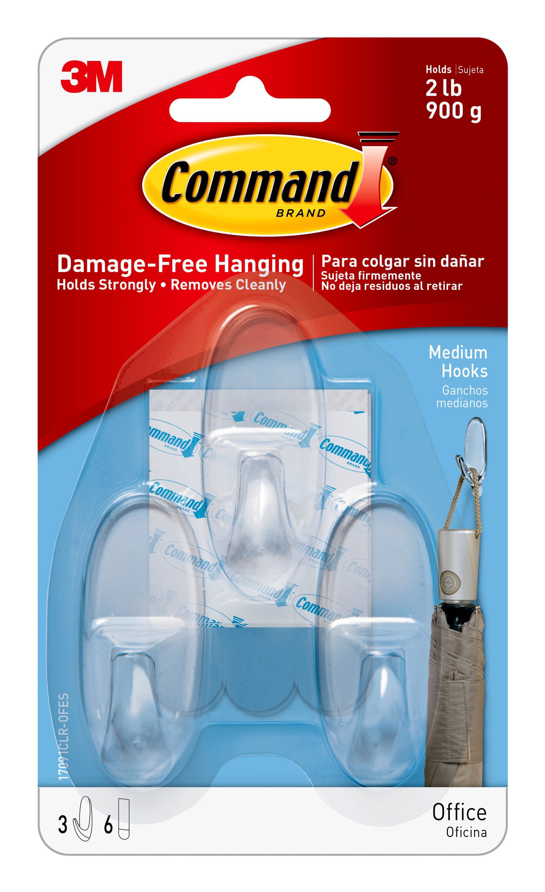 Command Medium Wall Hooks, Clear, Damage Free Decorating, 3 Hooks and 6 Command Strips