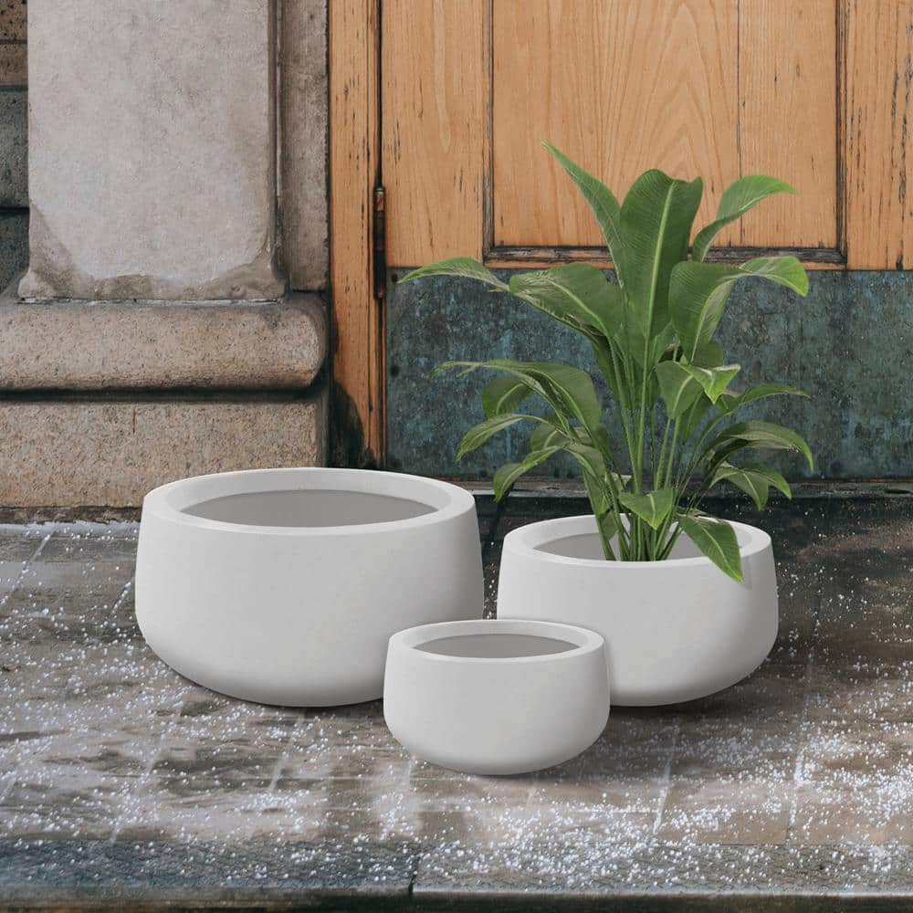 KANTE 19.6 in.， 15.7 in. and 11.8 in. W Round Pure White Concrete Elegant Planters Set of 3， Outdoor Indoor w/Drainage Holes RC0051ABC-C80011