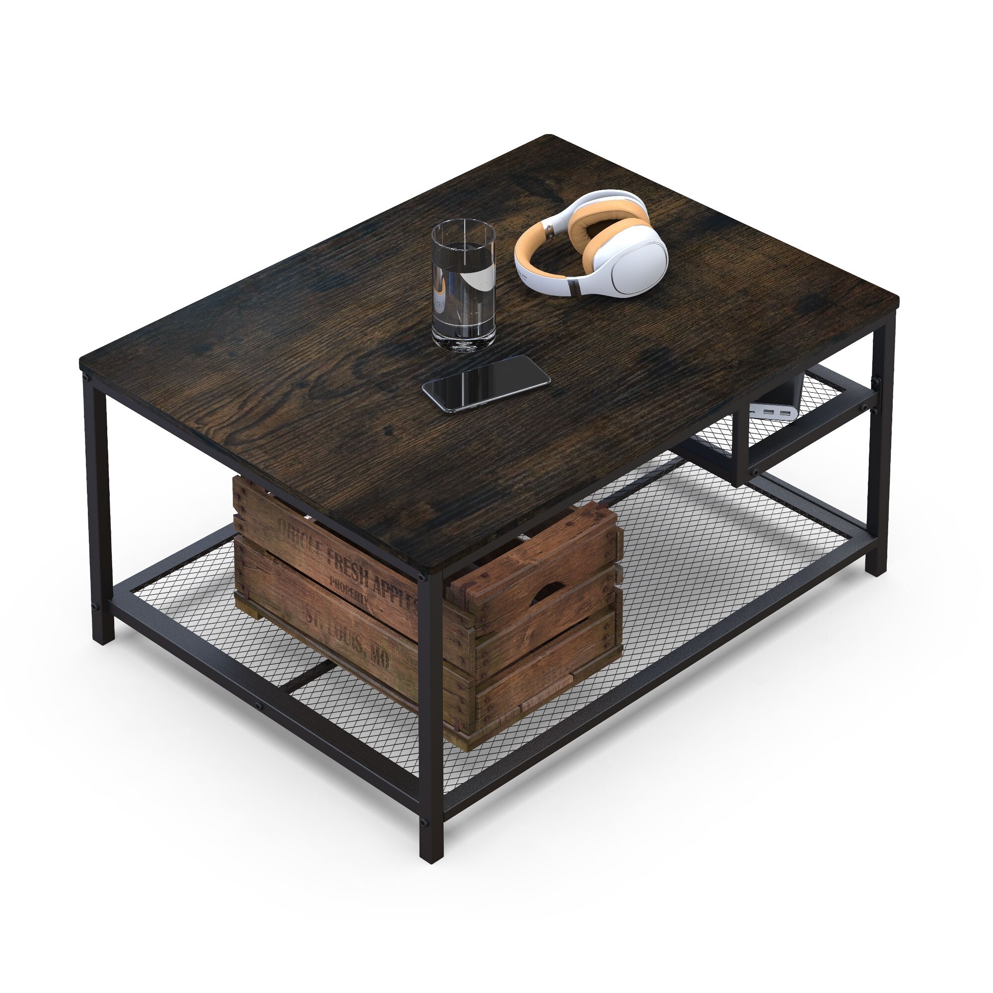 Industrial 2 Layers Metal Coffee Table with Storage Shelf for Home Office