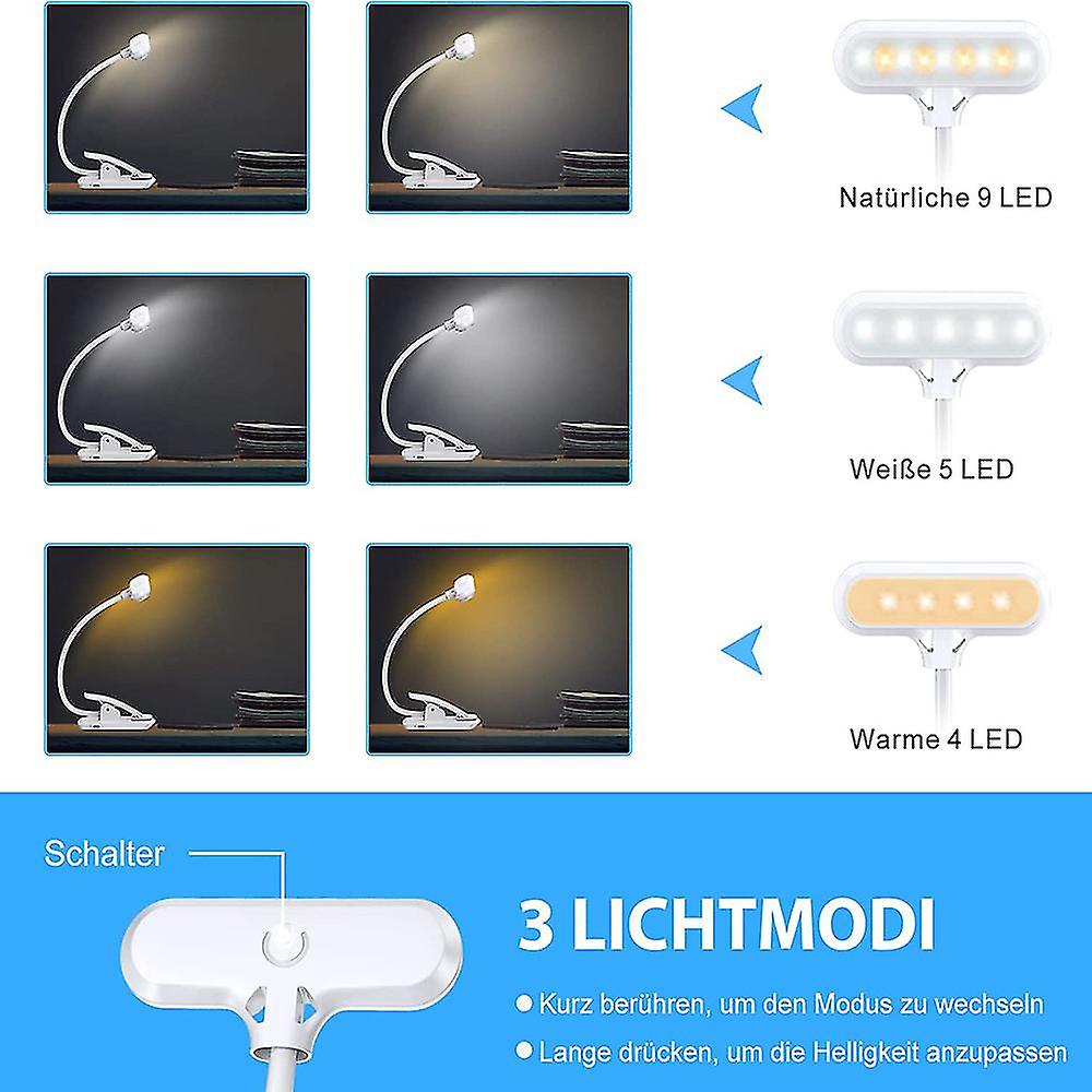 Rono Clip Reading Lamp - 9 Led Clip-on Lamp With 3 Temperatures And Dimmable Touch S - Usb Recharable Eye-care Reading Lamp For Be