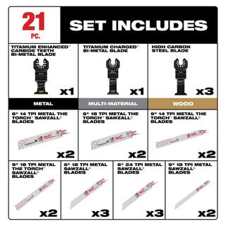 MW Multi-Tool Oscillating Blade Pack with SAWZALL Metal Cutting Bi-Metal Reciprocating Blade Set (21-Piece) 49-10-9122-49-22-1216