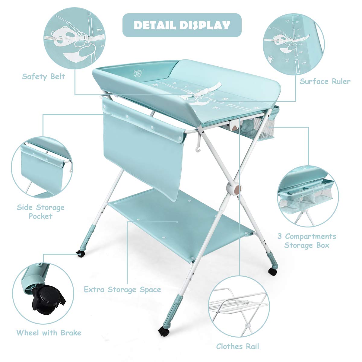 BABY JOY Baby Changing Table, Height Adjustable 4 in 1 Folding Diaper Station w/Detachable Wheels