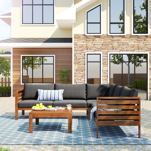 Acacia Wooden Outdoor Sectional Sofa Set，WaterResistant and Uv Protected Texture Sofa with Cushions and Table