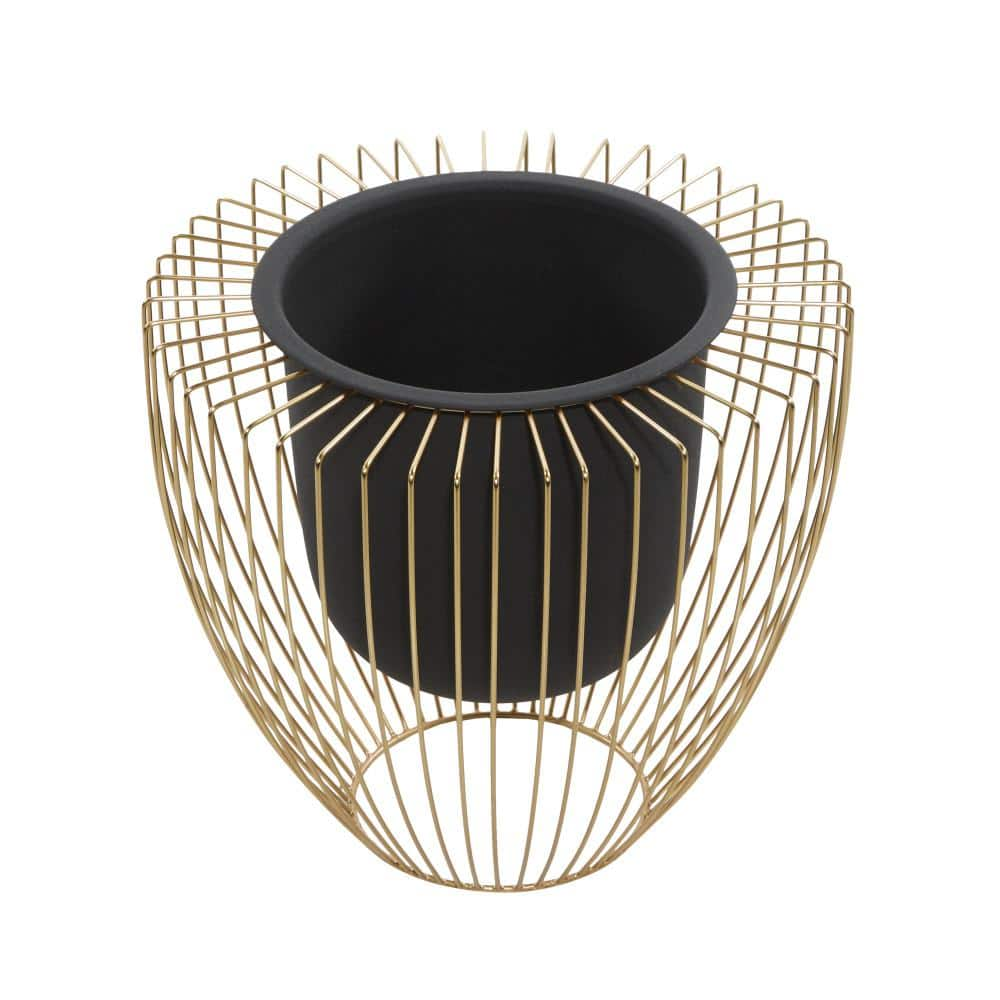 Litton Lane 12in. Medium Black Metal Indoor Outdoor Planter with Removable Gold Wire Stand (2- Pack) 51972