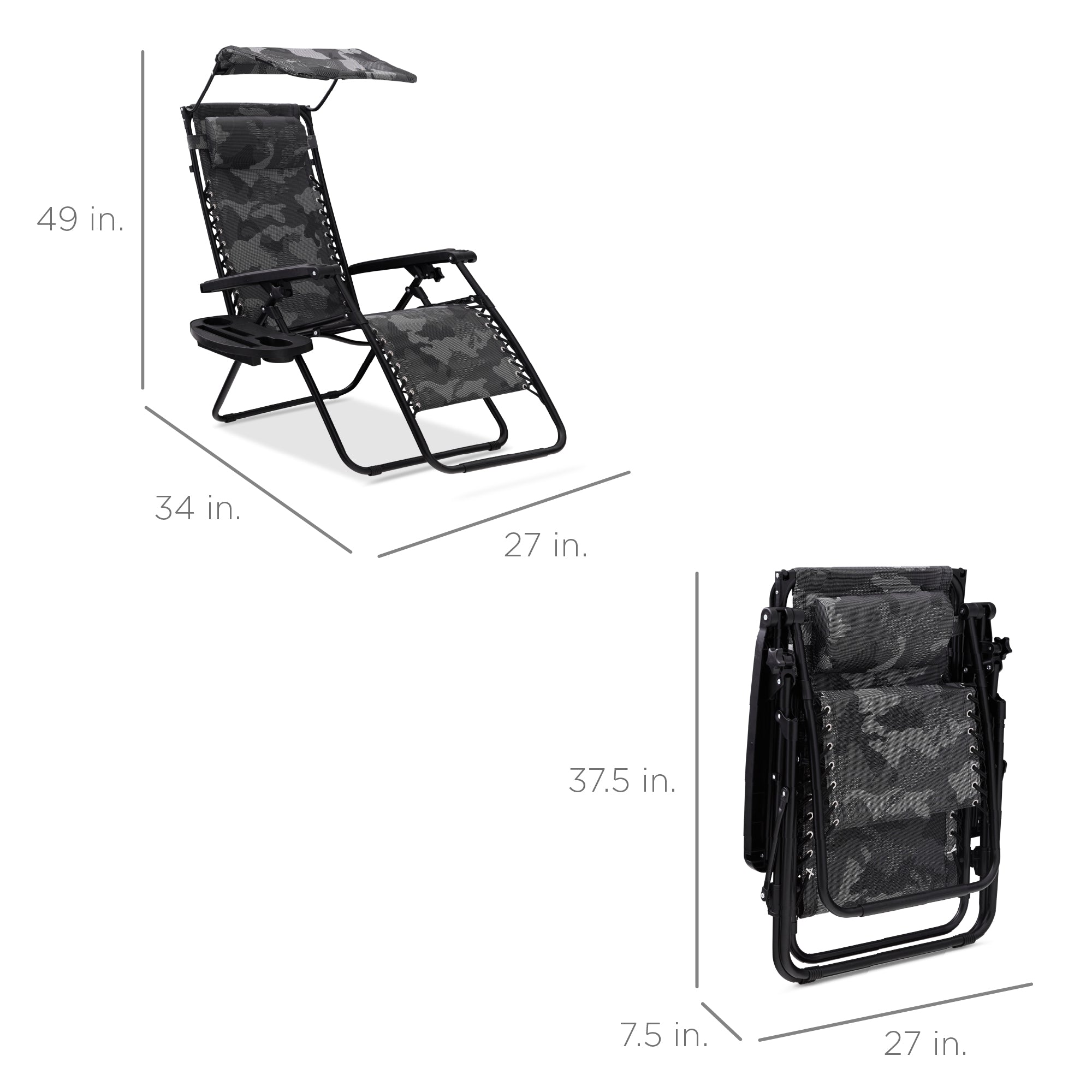 Best Choice Products Folding Zero Gravity Recliner Patio Lounge Chair w/ Canopy Shade, Headrest, Tray - Camouflage