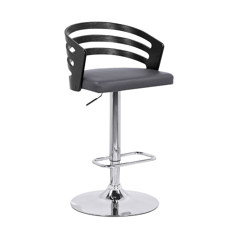 Adjustable Barstool with Curved Open Low Wooden Back， Black and Chrome