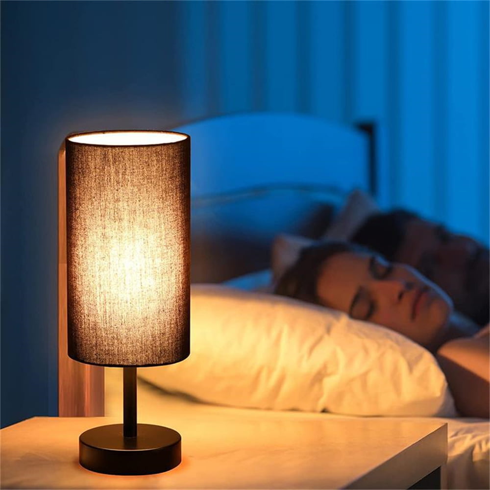 Bedside Lamp with USB Port - Touch Control Table Lamp for Bedroom Wood 3 Way Mountdog Dimmable Nightstand Lamp with Round Flaxen Fabric Shade for Living Room Black