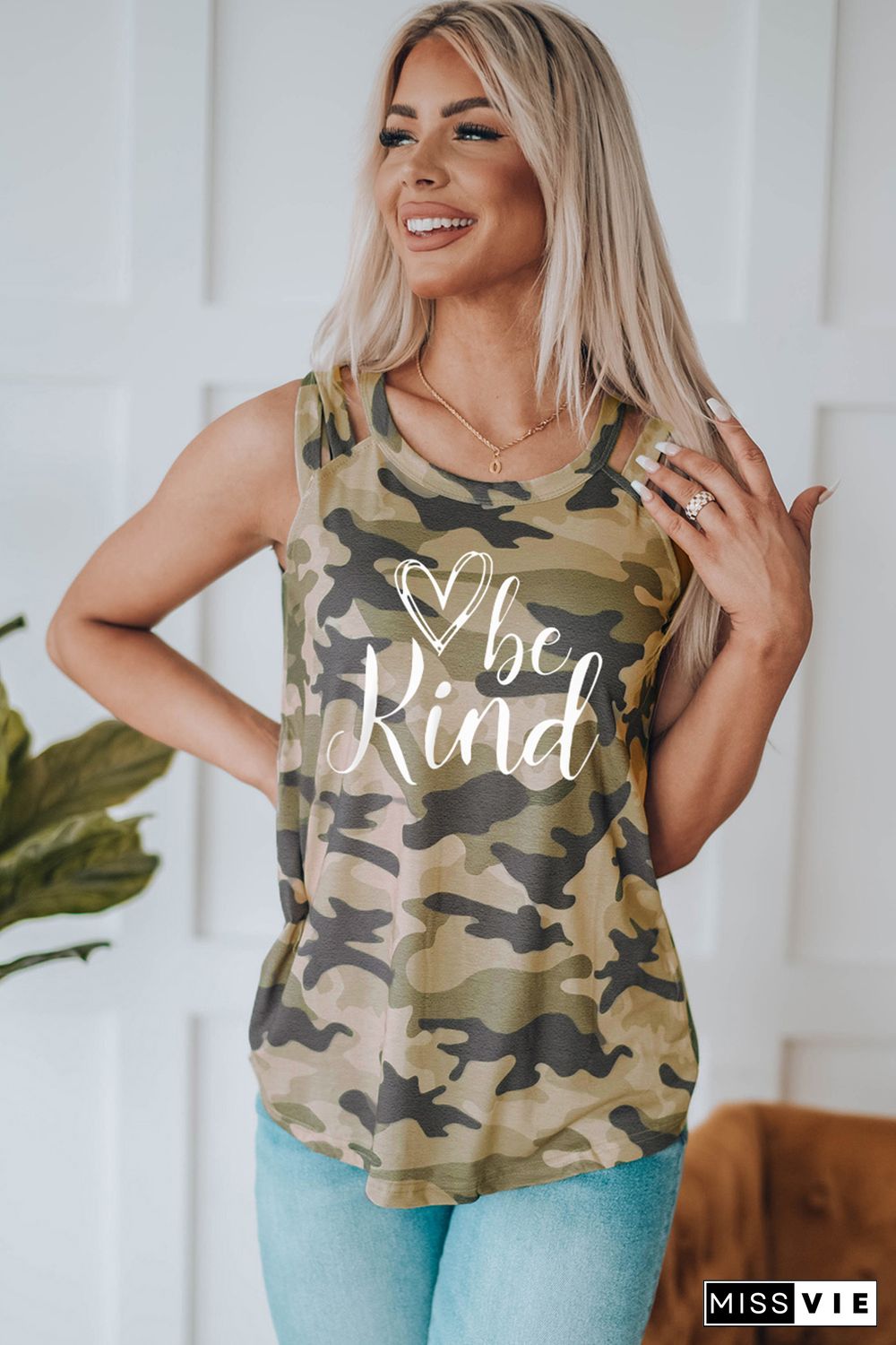 Green Be Kind Camo Crisscross Shoulder Tank Top