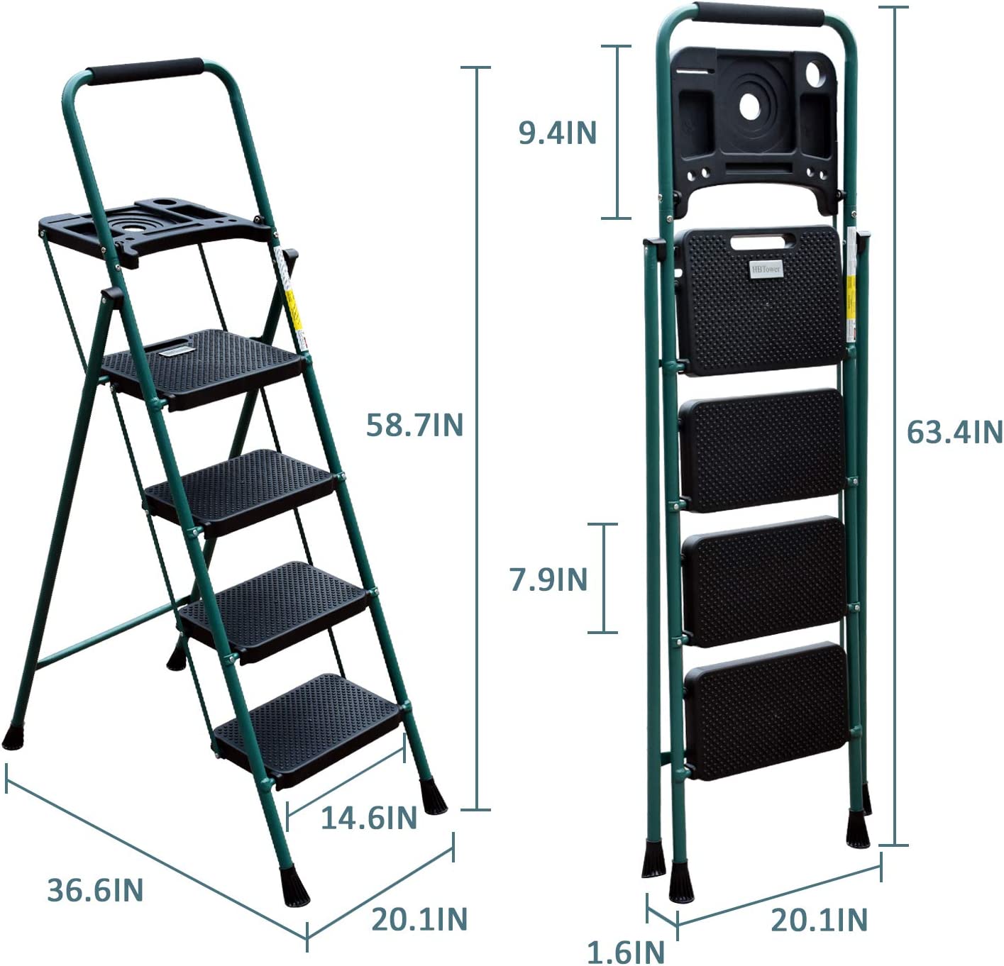 4 Step Ladder, HBTower Folding Step Stool with Tool Platform, Wide Anti-Slip Pedal, Sturdy Steel Ladder, Convenient Handgrip, Lightweight 330lbs Portable Steel Step Stool, Black