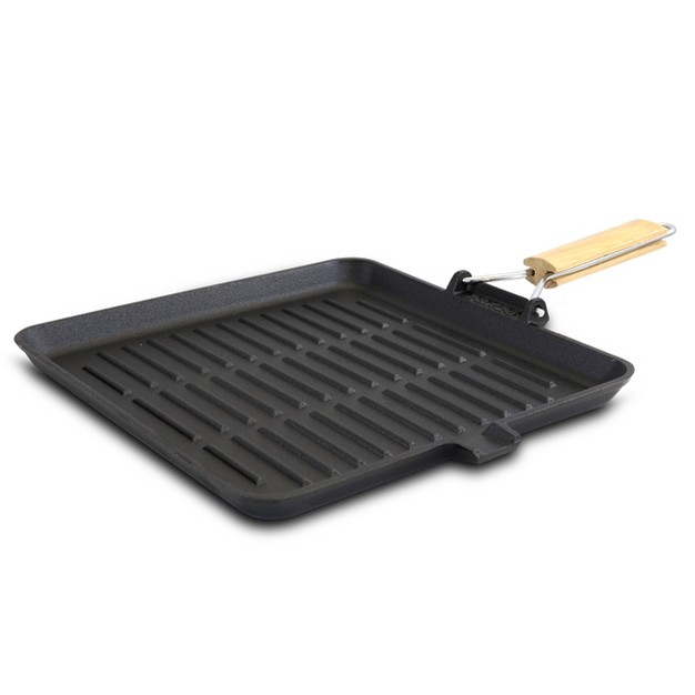 General Store Addlestone 14 Inch Pre seasoned Cast Iron Grill Pan With Foldable Wooden Handle