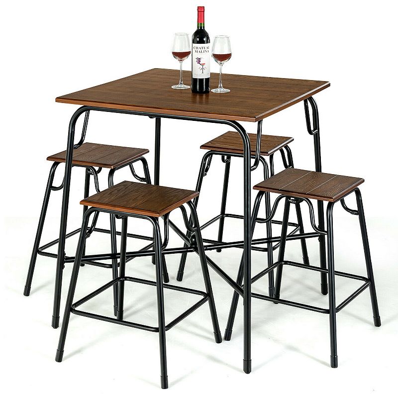 5 Pieces Bar Table Set with 4 Counter Height Backless Stools