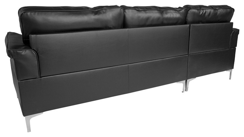 Plush Pillow Back Sectional  Left Side Facing Chaise  Ottoman Set  Black Leather   Contemporary   Sectional Sofas   by Morning Design Group  Inc  Houzz