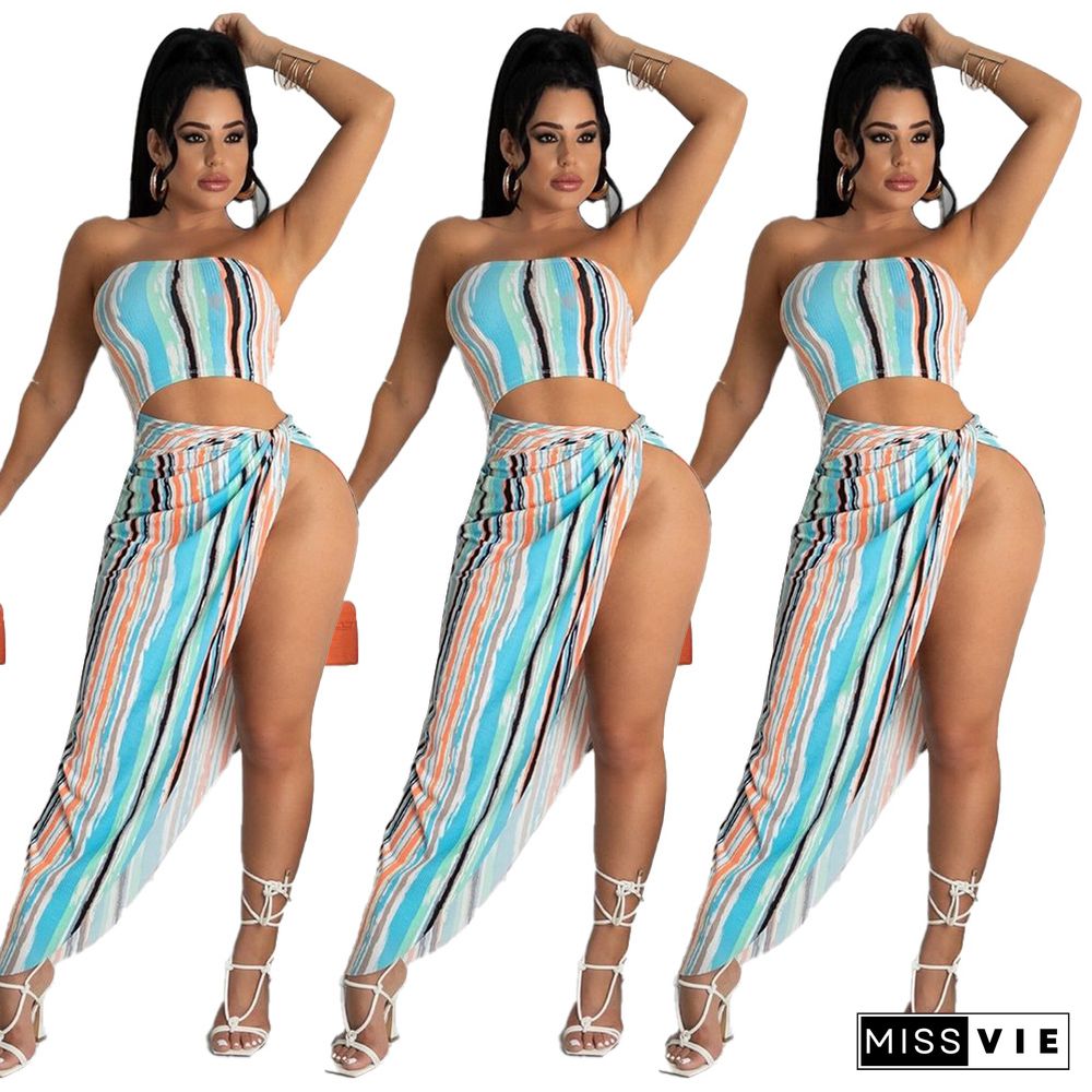 Fashion Beach Tie Dye Stripes Print Women Sexy Strapless Crop Tops Maxi Skirts Summer 2 Piece Set