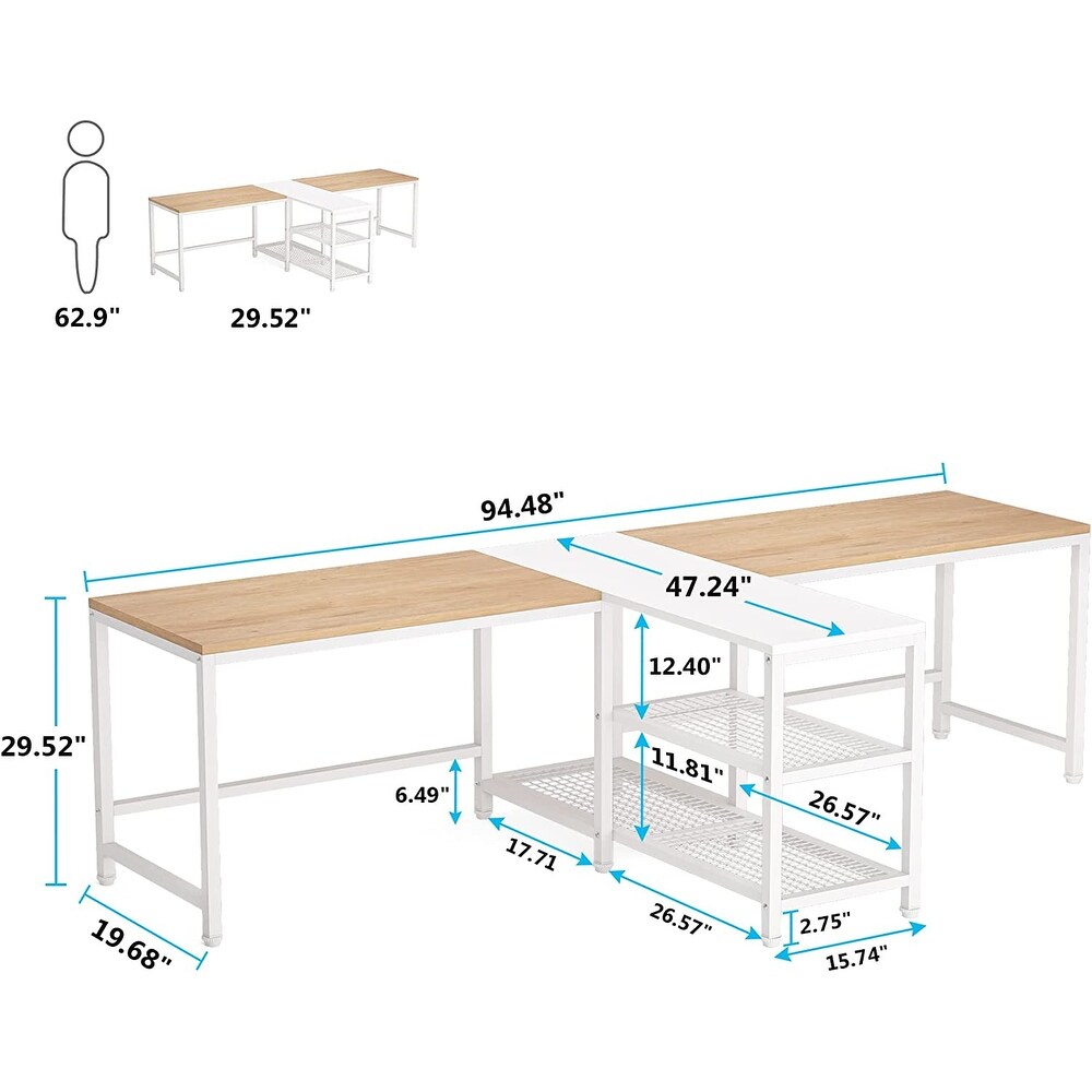 94.5 inch Double Computer Desk with Storage Shelves  Two Person Desk