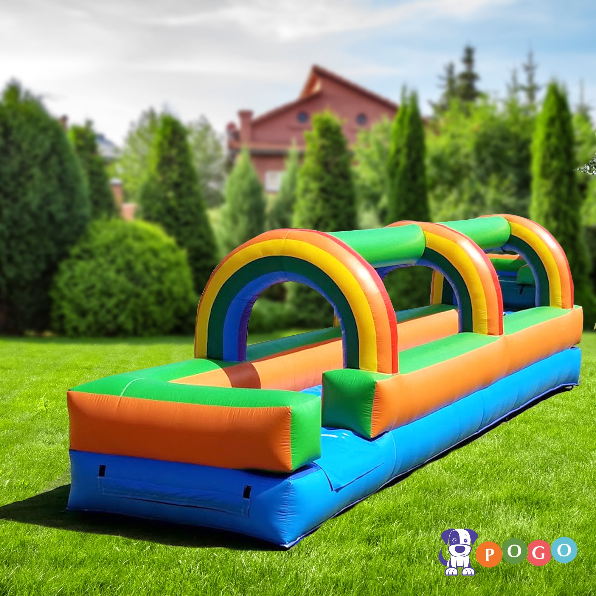 Pogo Bounce House Crossover Giant Inflatable Slip and Slide, Rainbow with Blower