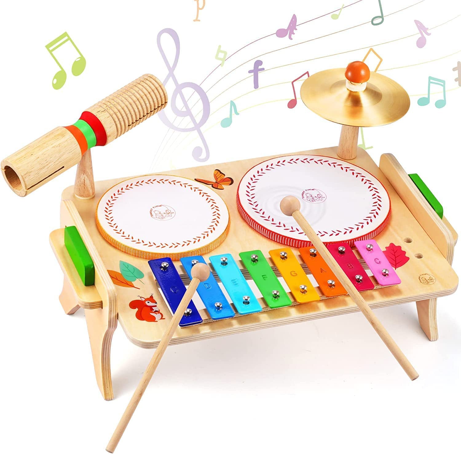 SWEET TIME Kids Drum Set for Toddlers Baby Music Instrunents 7 in 1Montessori Preschool Musical Toys Children Drum kit Xylophone Tambourine Birthday Gifts for Boys and Girls