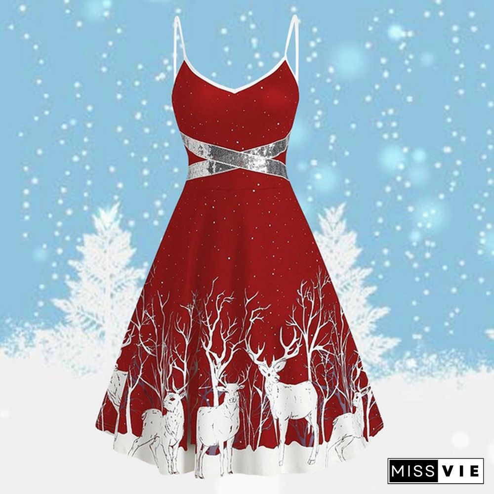 Ladies Casual Sleeveless V-Neck Christmas Party Dresses Women Christmas Elk Printed A-Line Spaghetti Straps Tunic Dress Plus Size 5Xl