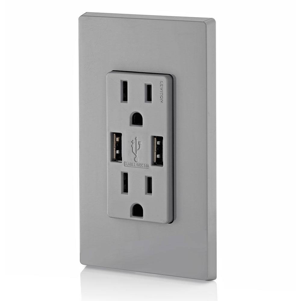 Leviton 3.6A USB Dual Type A In-Wall Charger with 15 Amp Tamper-Resistant Outlets Gray T5632-BG