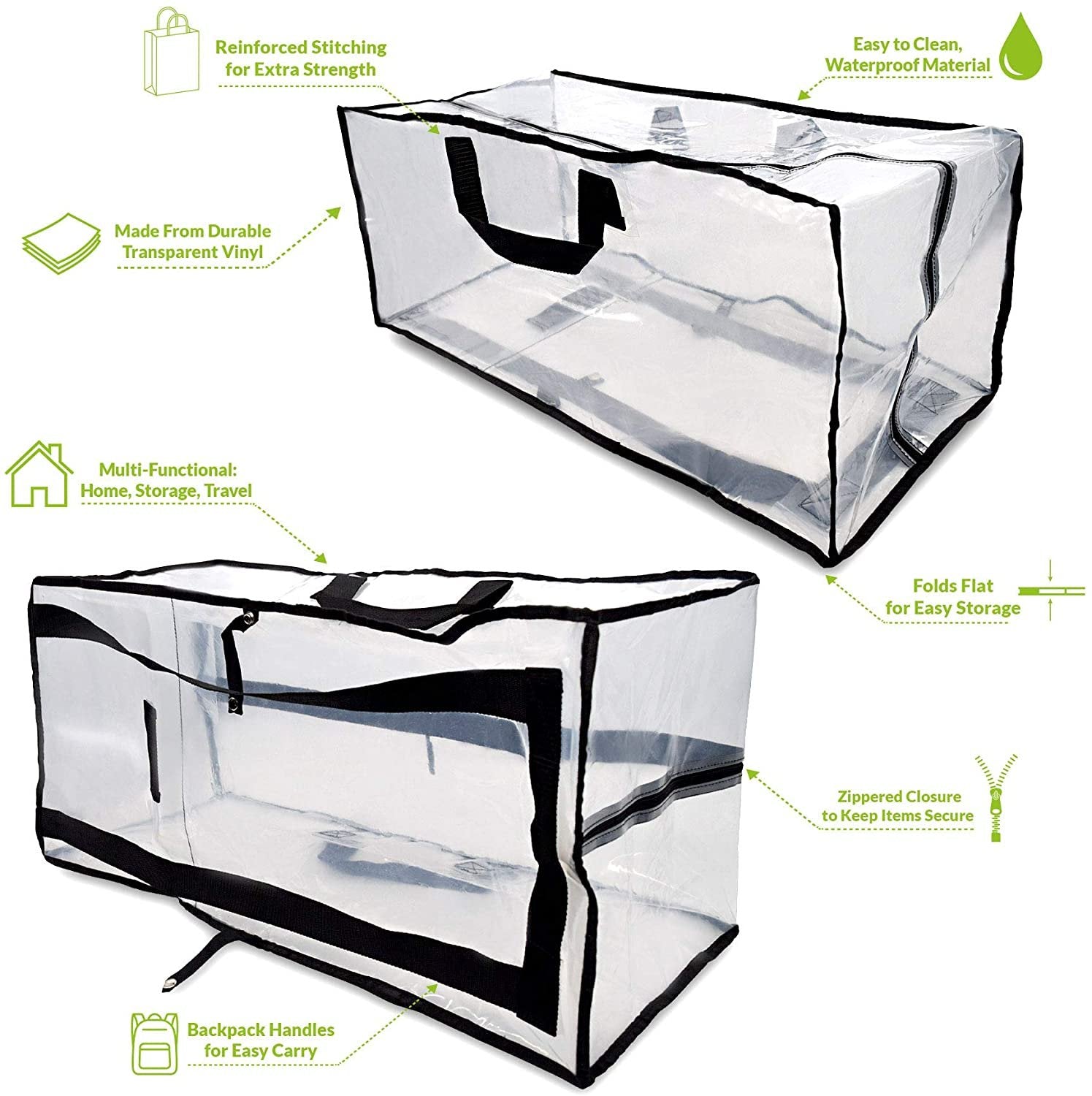 Zenpac- Waterproof Clear Zippered Storage Bags with Handles for Organizing 3 Pcs 27x12x13.75