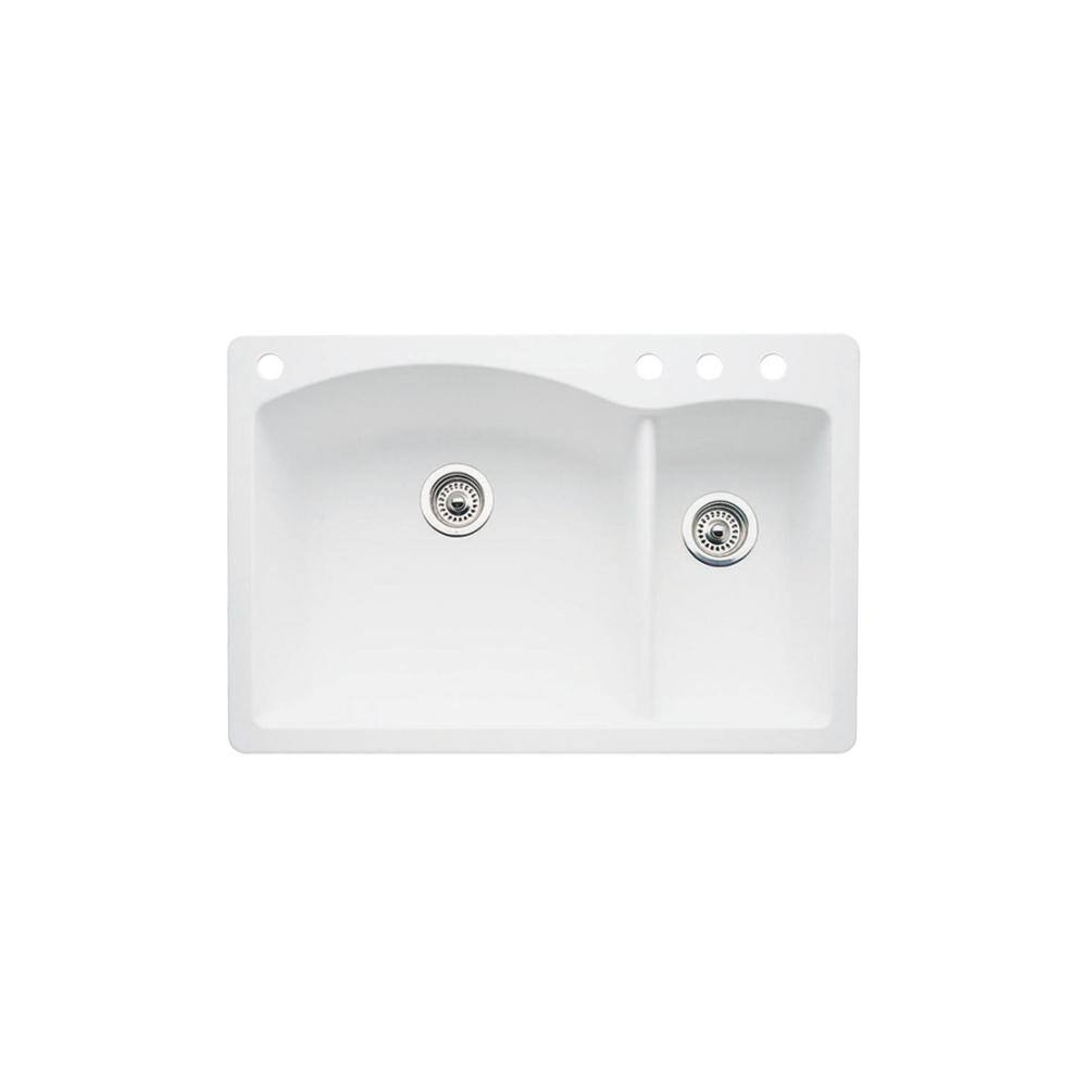 Blanco Diamond Dual-Mount Granite 33 in. 4-Hole 7030 Double Bowl Kitchen Sink in White 440200-4