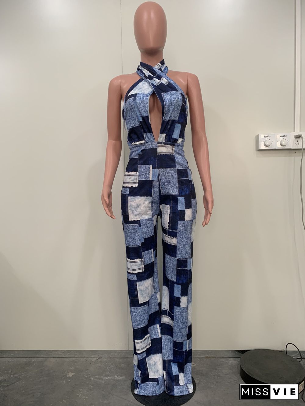 Plaid Patchwork Print Deep V Backless Wide leg Jumpsuit