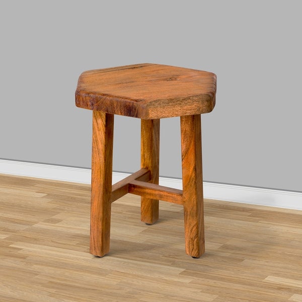 18 Inch Hexagon Acacia Wood Side Table with Live Edge Top， Warm Brown