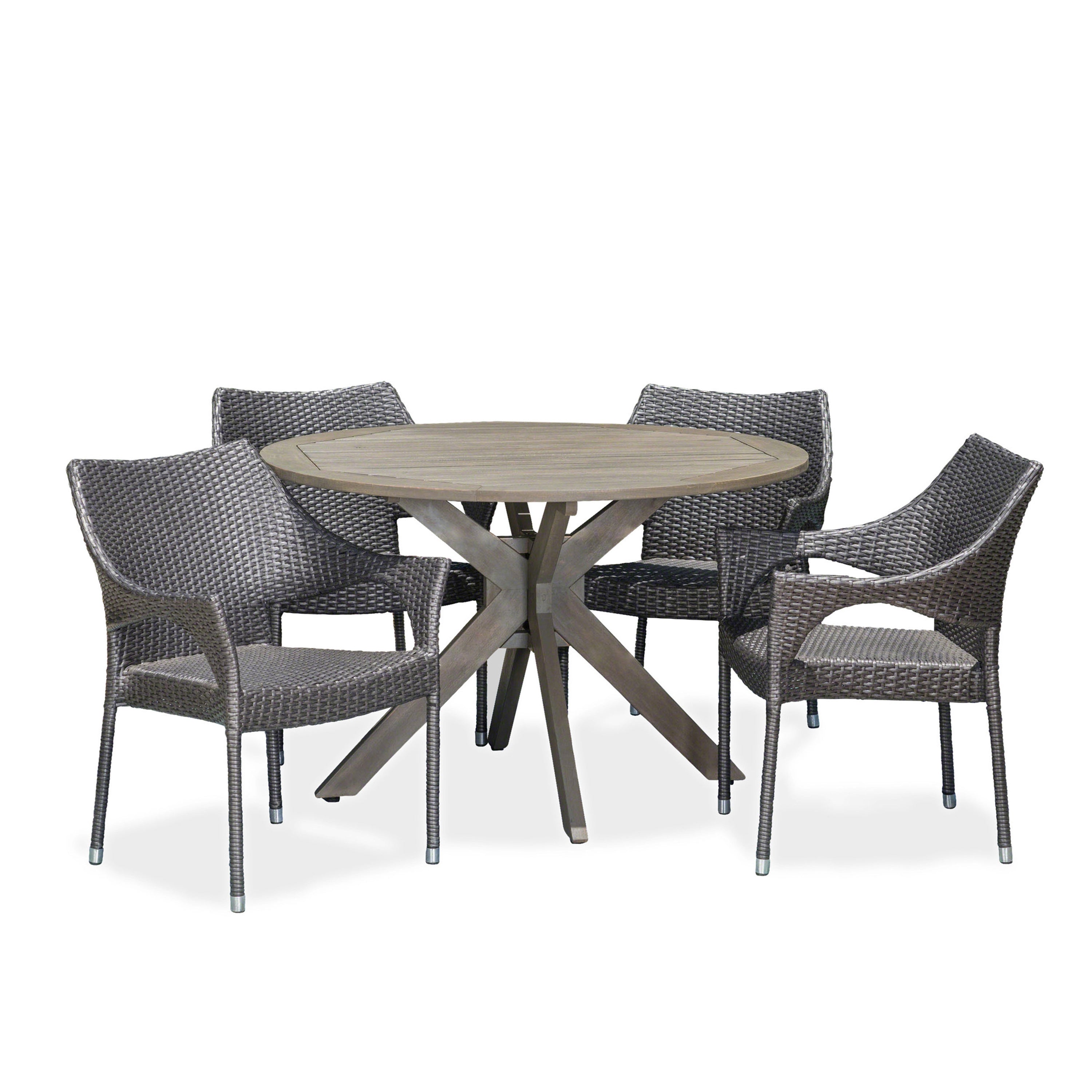 Lina Outdoor 5 Piece Wood and Wicker Dining Set, Gray and Gray