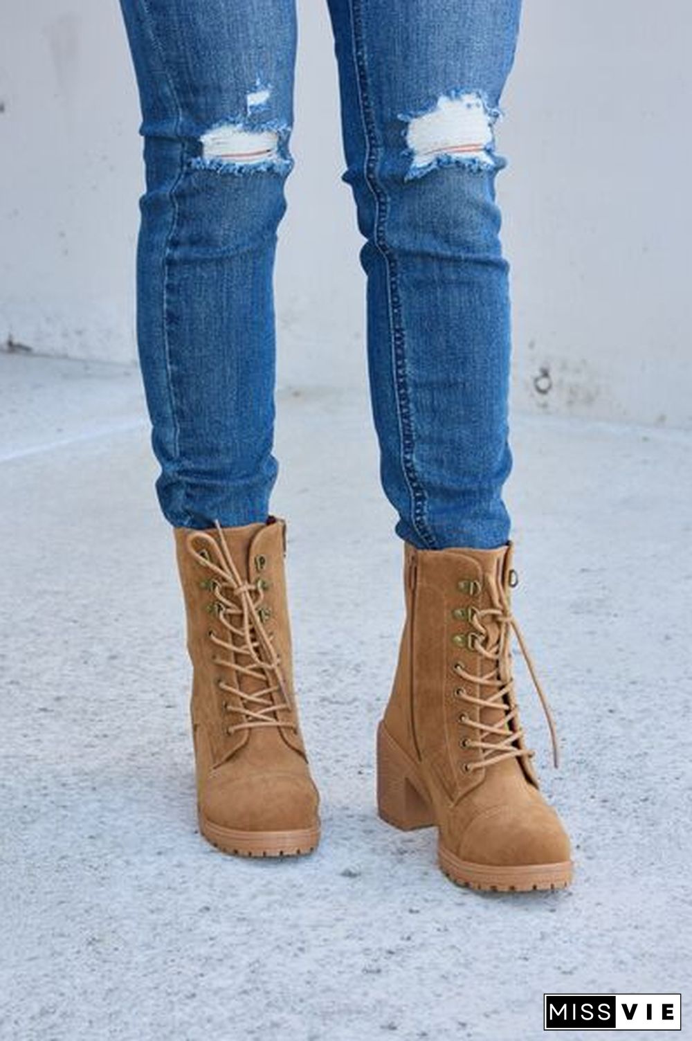 Lace-Up Zipper Detail Block Heel Boots