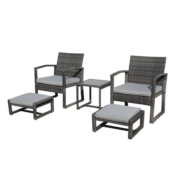 5Piece Patio Wicker Chat Set with Armchairs，Ottomans and Side Table