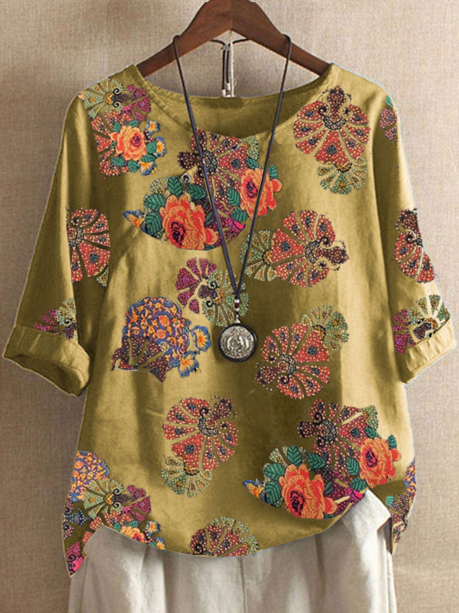 Round Neck Short Sleeve Floral Print Blouse