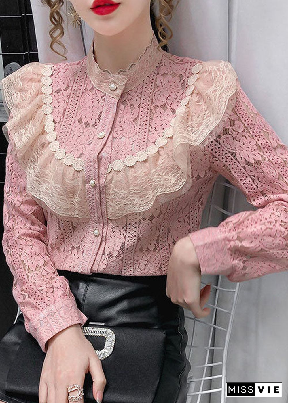 Pink Lace Loose Shirt Top button Hollow Out Long sleeve