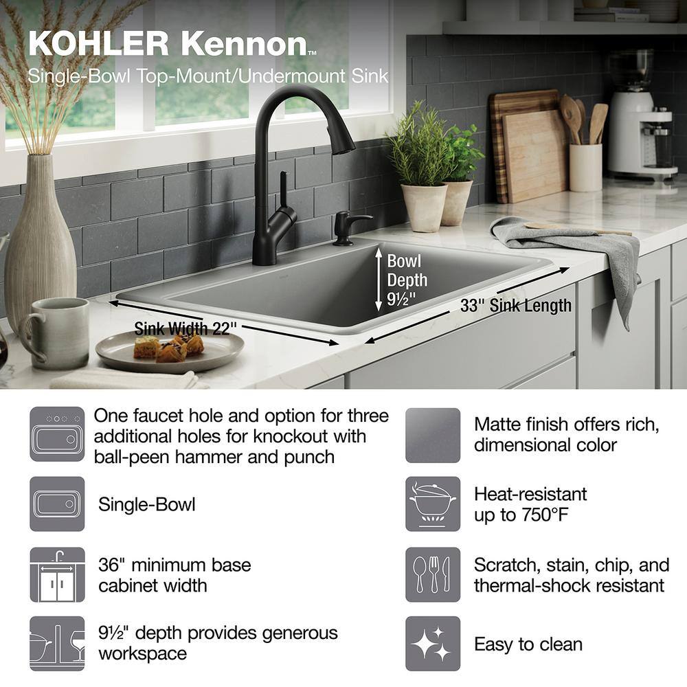 KOHLER Kennon Neoroc Matte Grey Granite Composite 33 in. 1-Hole Single Bowl Drop-InUndermount Kitchen Sink K-RH8437-1-CM4