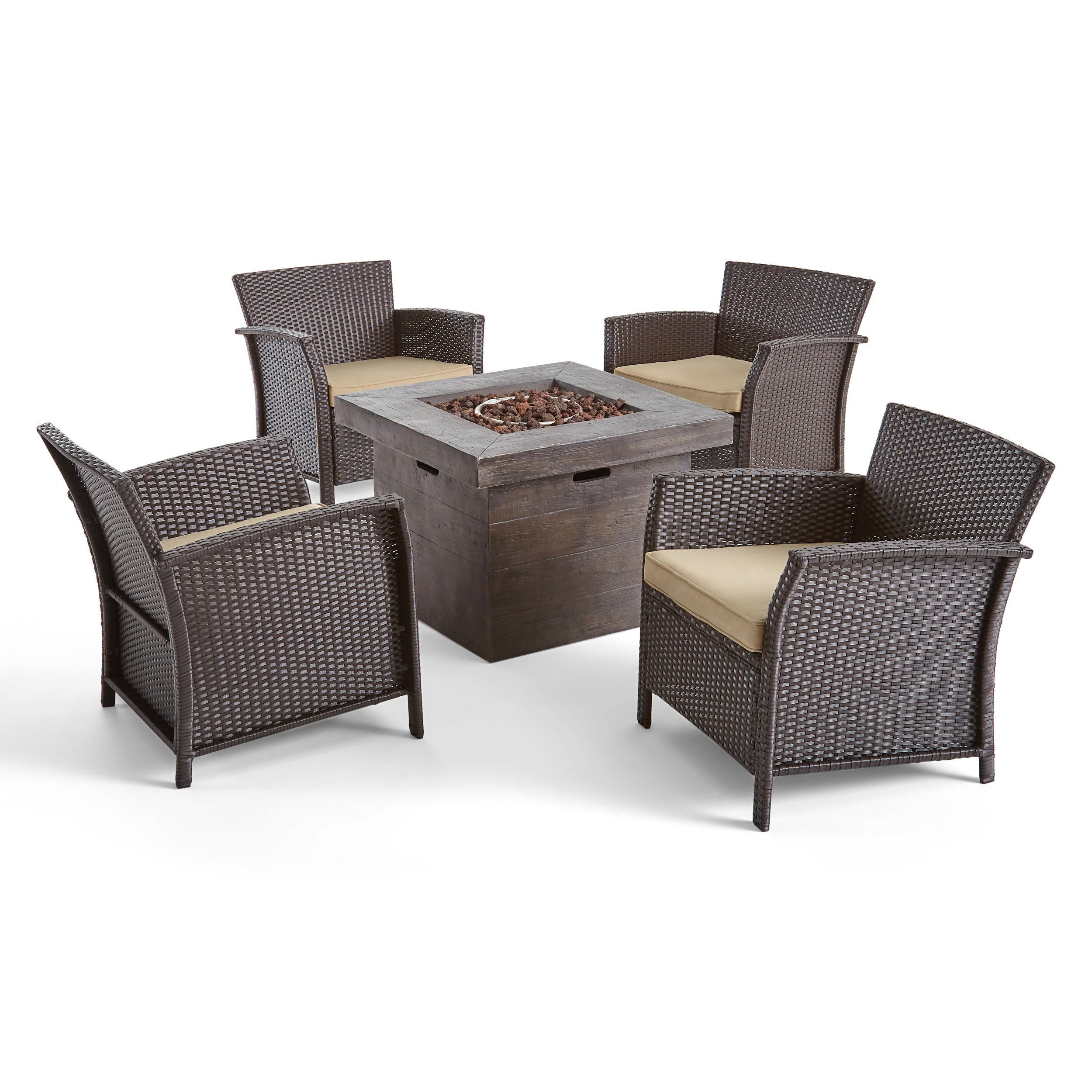 Laiah Outdoor 4 Piece Wicker Club Chair Chat Set with Wood Finished Fire Pit