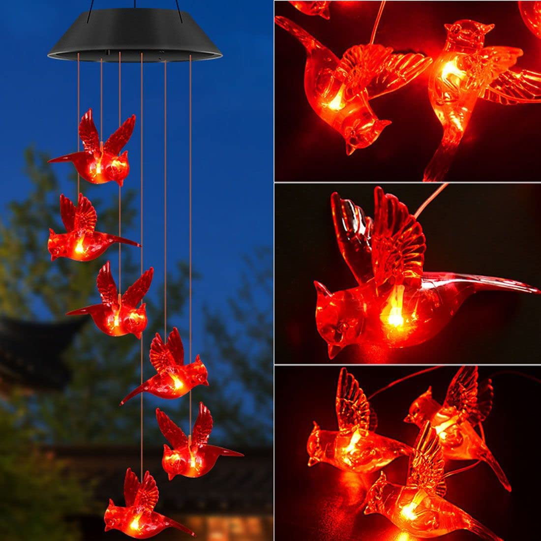 Solar Cardinal Red Bird Wind Chime Lights， Hanging Red Bird Wind Chimes with S Hook Light Sensor， LED Solar Power IP65 Waterproof Moisture-Proof， Outdoor Garden Decor Wind Bell for Patio Yard Home