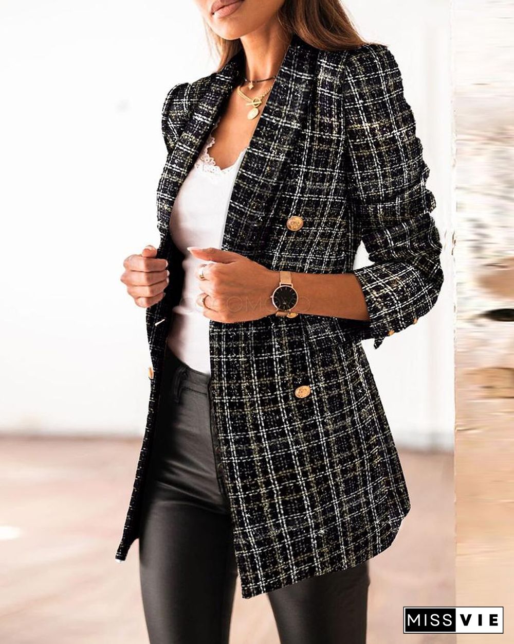 Spring Autumn Women Officewear Ol Turn-Down Collar Tweed Colorblock Button Design Blazer Coat Casual Chic