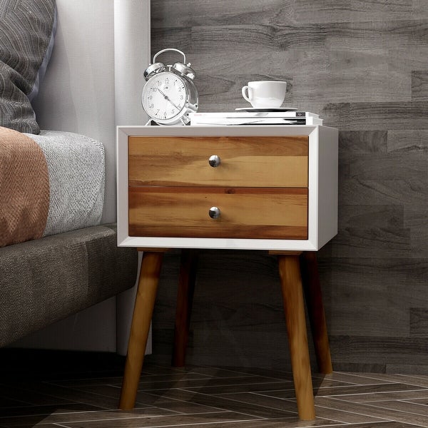 Gymax 2PCS Wooden Nightstand Mid-Century End Side Table W/2 Storage