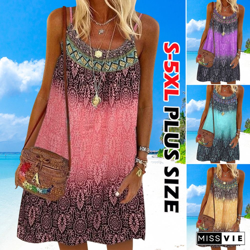 Women's Fashion Summer Casual Sleeveless Boho Style Halter Dress Loose Printed Party Mini Beach Dresses Ladies Robe Femme Plus Size Cami Dress