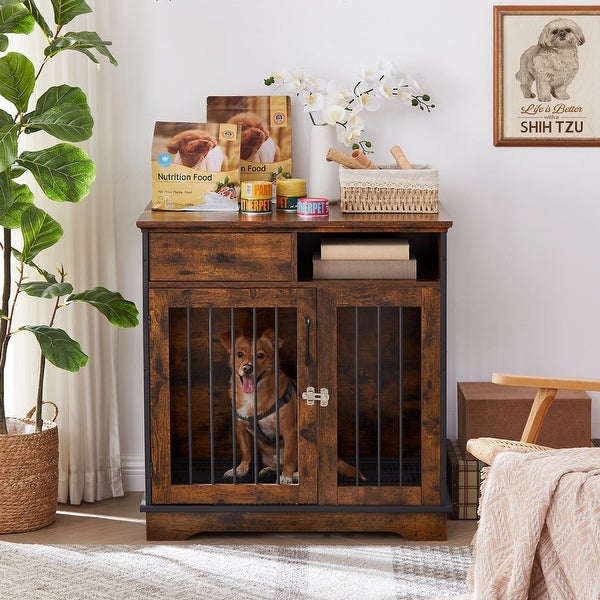 Industrial Furniture Style Dog Crate Dog Kennel with Loackable Door and Removable Bottom Tray， Side Table End Table with Storage